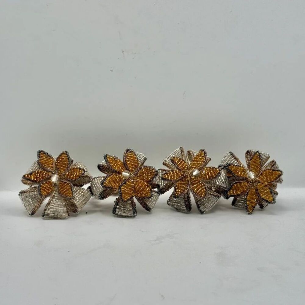 • Vintage Lord & Taylor Beaded Flower Napkin Rings Gold Silver Set of 4 With Bo